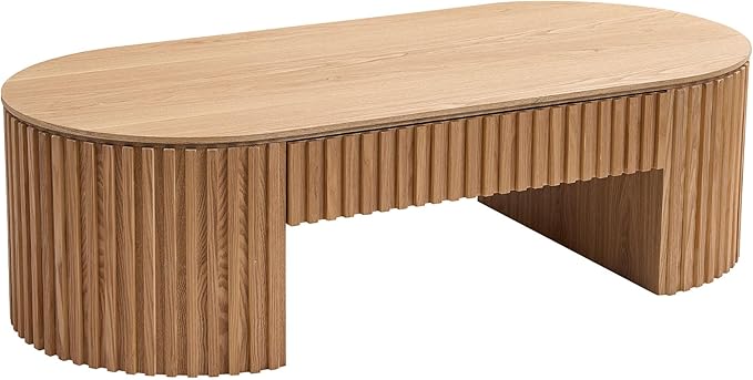 Oval Coffee Table, 51.18" Wood Coffee Table with Drawer, Fluted Design, for Living Room, Small Spaces, No Assembly Required (Oak)