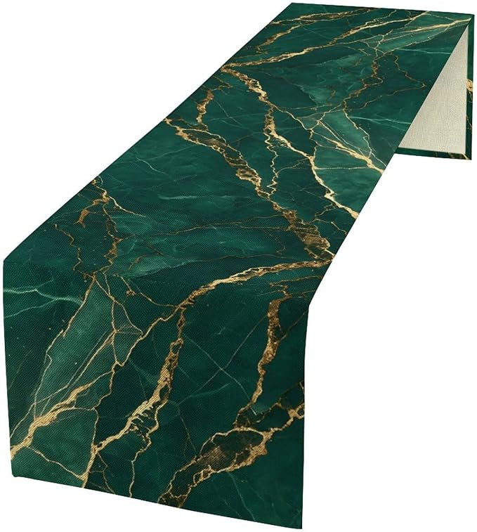 Emerald Green Marble Table Runner, Dark Green Gold Textured Abstract Painting Table Runner for Kitchen Dining Indoor Outdoor Home Party, 13x90 Inch