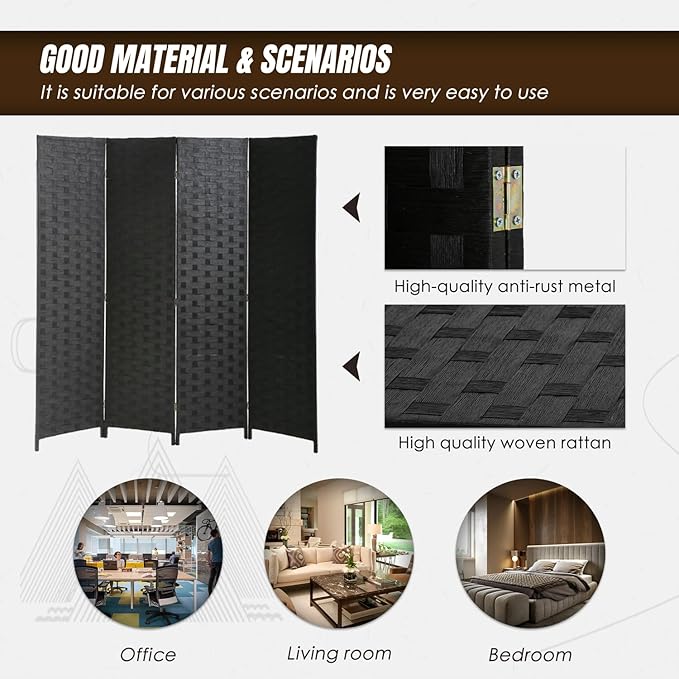 PayLessHere Room Divider 6FT Wood Mesh Hand-Woven Room Divider, 4-Panel Indoor Folding Portable Partition Screen,Black