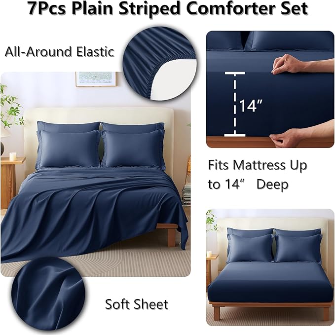 CozyLux Queen Size Comforter Sets - 7 Piece Bed in a Bag Navy Blue Comforter Set with Sheets Queen Bed Set All Seasons, Bedding Set with Down Alternative Comforter, Sheets, Pillowcases & Shams