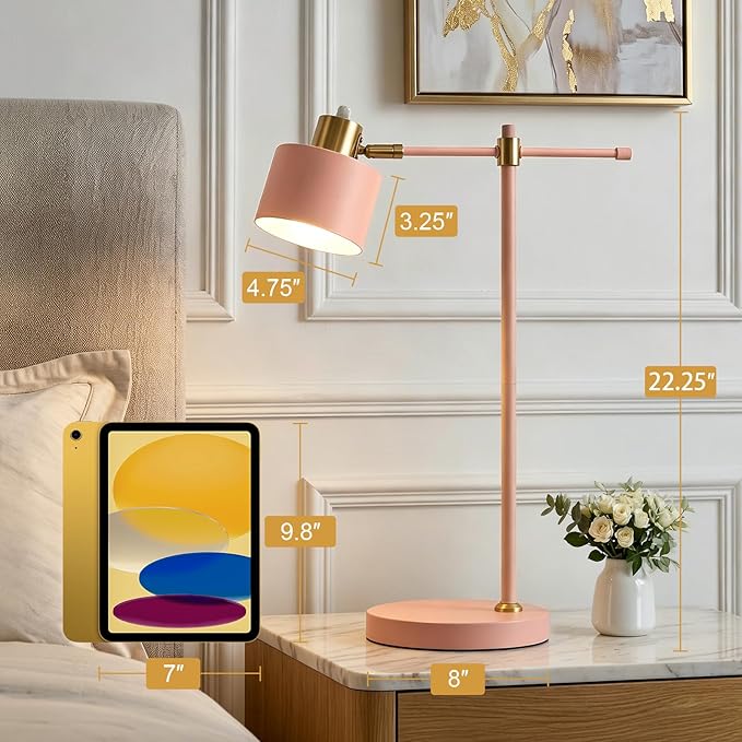 OYEARS 22.2" Modern Desk Lamp, Metal Table Lamp with LED Bulb, Adjustable Reading Lamps for Living Room, Mid Century Task Lamp for Home Office, Industrial Bedside Lamps with Solid Base, Pink