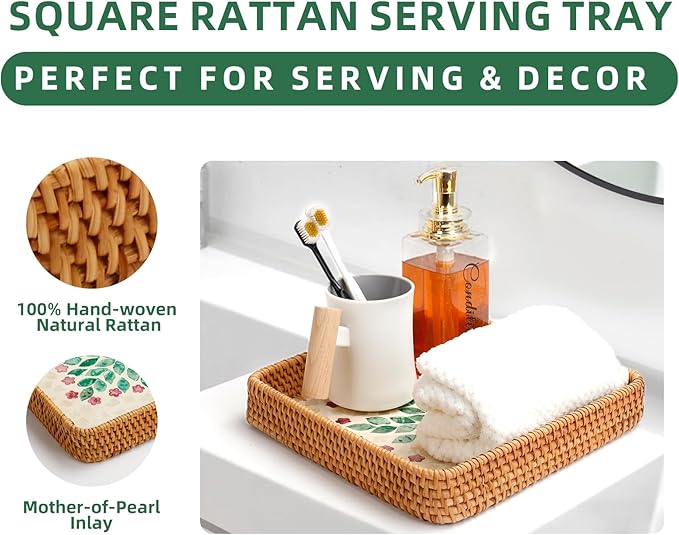 1 pcs Rectangle Rattan Serving Tray with Mother of Pearl Inlay, Decorative Wicker Tray for Coffee, Bread, Fruits, Elegant Table Decor for Living Room & Dining Room
