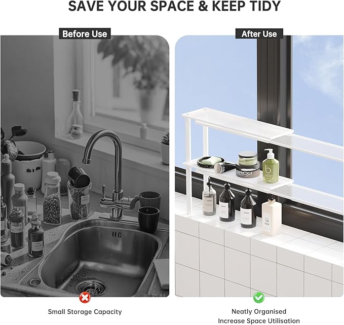 Expandable Window Shelf for Plants Kitchen Sink Organizer Stackable Narrow Shelves Kitchen Countertop Holder Mesh Design (2, White)