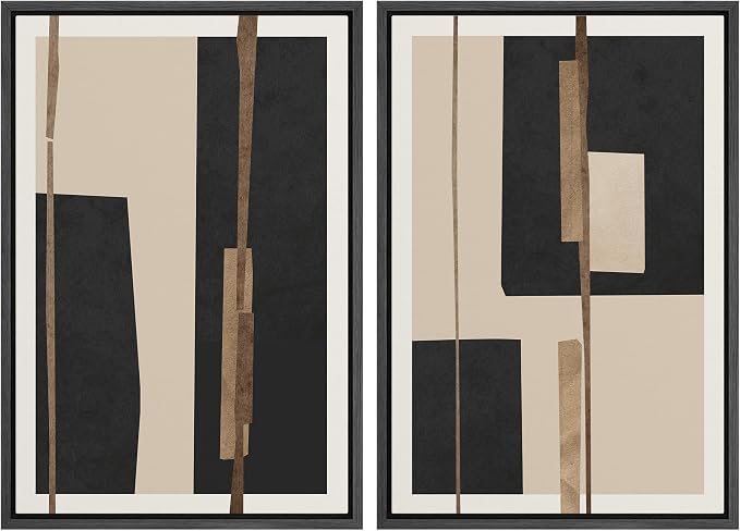 SIGNWIN Framed Canvas Print Wall Art Set Mid-Century Geometric Black Gold Blocks Abstract Shapes Illustrations Modern Art Decorative Contemporary for Living Room, Bedroom, Office - 24"x36"x2 Black