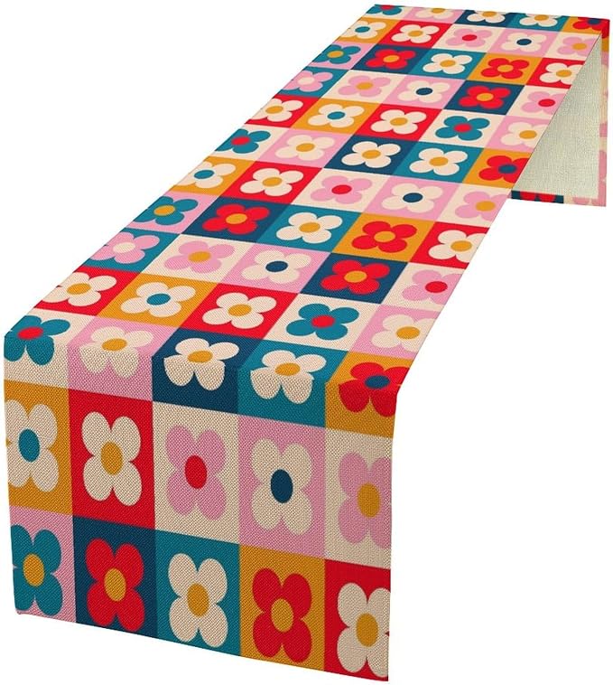 Retro Floral Checkered Table Runner Vintage Gardern Flowers Groovy Trendy Hippie Grid Farmhouse Country Dinner Runner for Home Kitchen Dining Table Party Holiday Decor 13"x36"