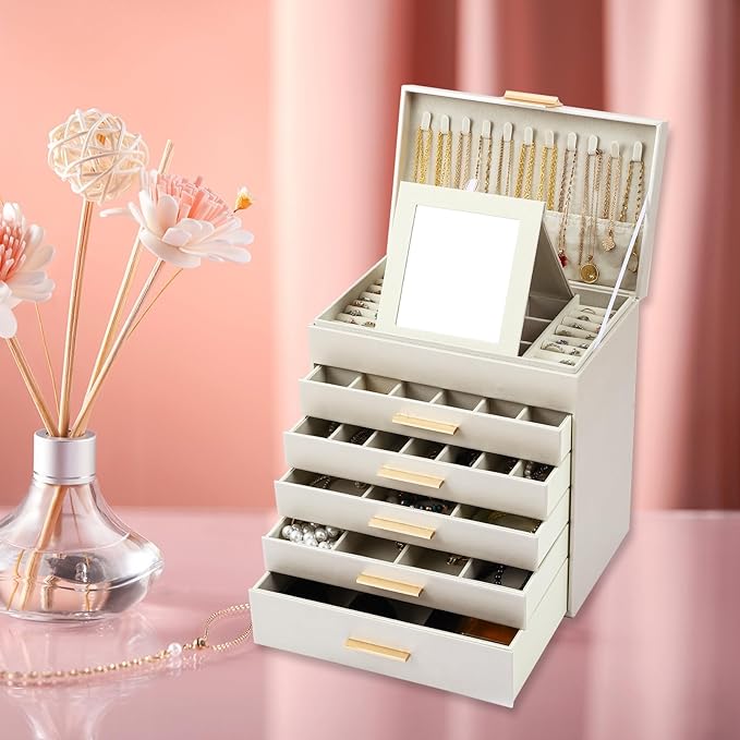 BOOVO Jewelry Boxes for Women, White and Black 6 Layer Large Jewelry Box for Necklace, Bracelet, Earrings, Rings Storage, Jewelry holder Organizer for Girls Gift (Champagne, 6 layer)