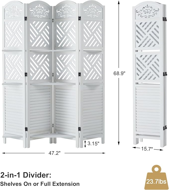 Room Divider with Shelves, 5.75ft Tall Folding Wood Carved Screen with Double Hinges for Home Office Bedroom Hotel Decoration (4 Panels, Pure White)