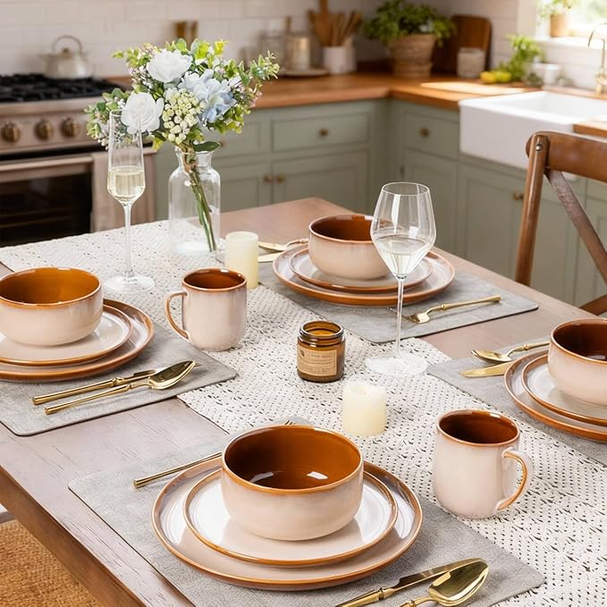LeRatio Ceramic Dinnerware Sets for 4,12-Piece Plates and Bowls,Handmade Reactive Glaze Dishes Set,Chip Resistant and Scratch Resistant | Oven Dishwasher & Microwave Safe,Service for 4-Kahki