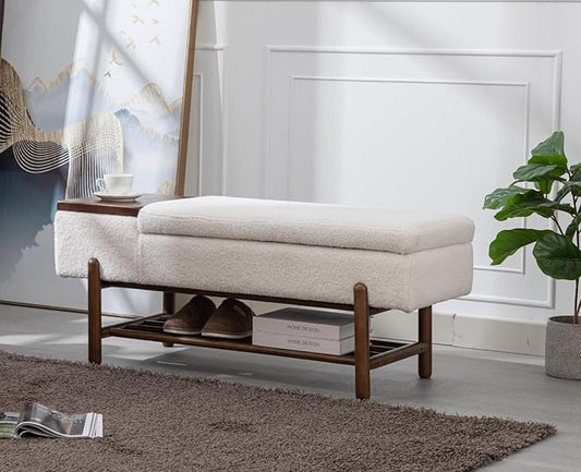 Shunzhi Modern Entryway Storage Bench, Upholstered Shoe Ottoman Bench, Sherpa Flip-Top End of Bed Bench with Wood Shelf/Coffee Table for Living Room/Bedroom/Hallway/Under Window,46.5 Inches,Beige Fur