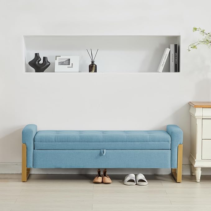adochr 57" Storage Bench, Linen Upholstered Ottoman with Storage, Large End of Bed Bench with Metal Legs & Button-Tufted,500 lb Capacity, for Living Room, Bedroom, Entryway, Light Blue