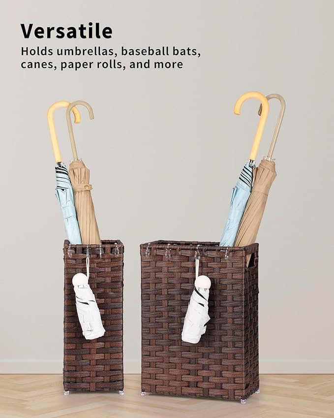 Rattan Umbrella Stand, Umbrella Holder for Entryway, Hand Woven Umbrella Rack Organizer Freestanding, with a Detachable Drip Tray, 4 Hooks, 11.8" L x 5.5" W x 16.5" H