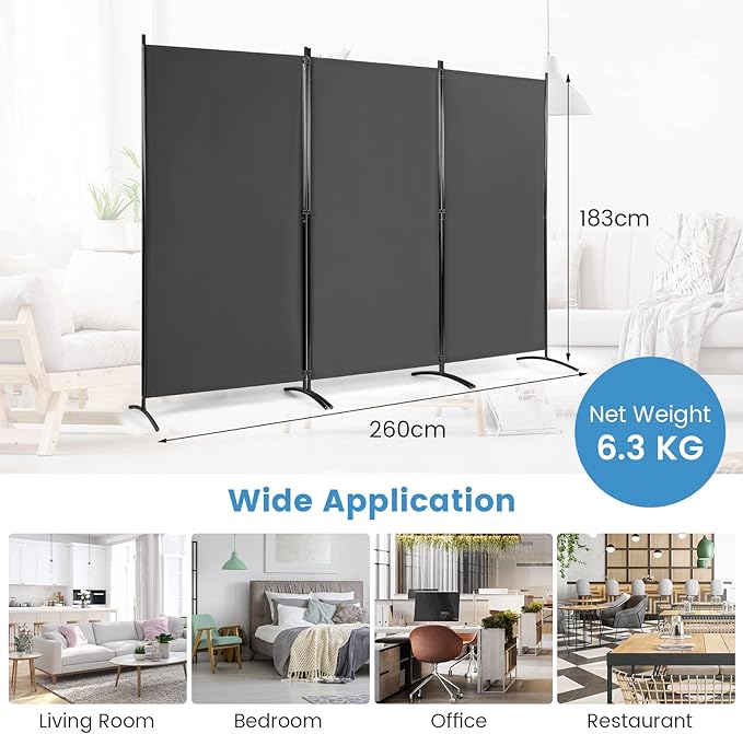 DORTALA 3-Panel Room Divider, Freestanding Folding Privacy Partition Screen with Steel Frame, Morden Room Divider for Separating Room in Bedroom, Office (Grey)