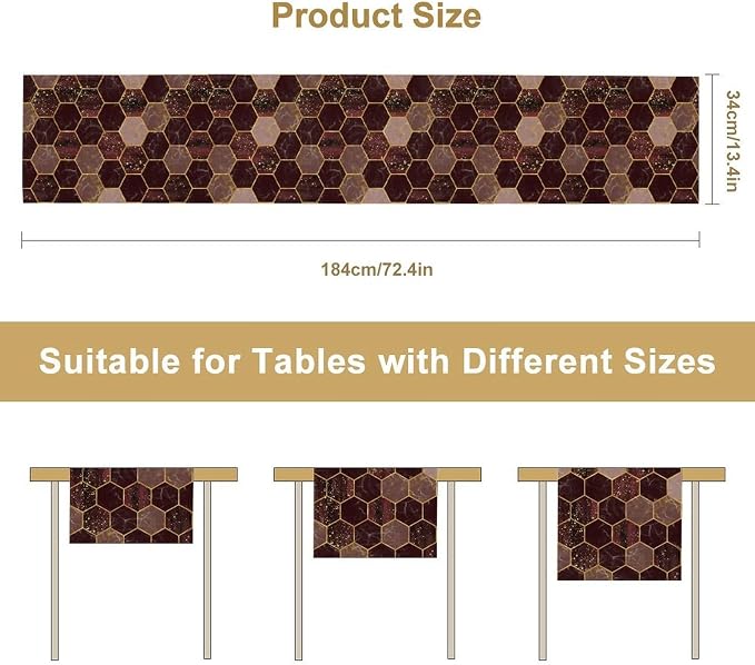 Hexagon Marble Table Runner, Luxury Wine Red Abstract Geometry Gold Accent Table Runner for Kitchen Dining Home Party Wedding Decor, 13x60 Inch