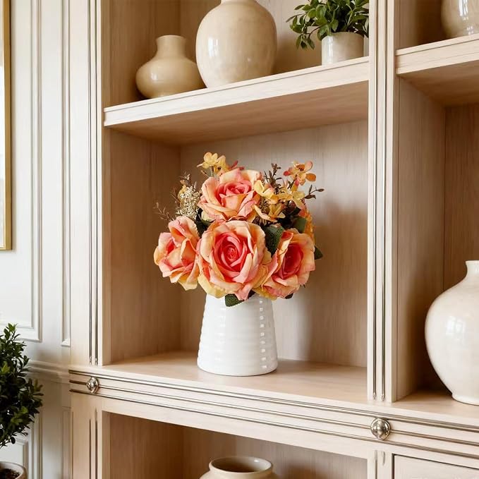 Artificial Rose Bouquet in White Ceramic Vase, Orange Silk Flowers with Decorative Leaves, Realistic Floral Arrangement for Home Decor