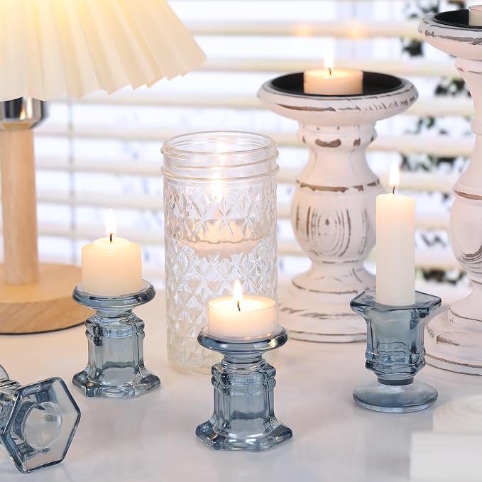 Lanttu 12 Pcs Blue Candlestick Holders Bulk, Glass Candle Holders Set | Crystal Taper Candle Holder for Wedding, Table Centerpiece, Home Decoration