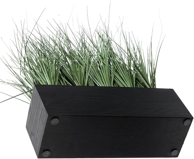 MyGift 12 Inch Desktop Artificial Green Grass Plants Faux Greenery Centerpiece with Rustic Black Solid Wood Planter Box