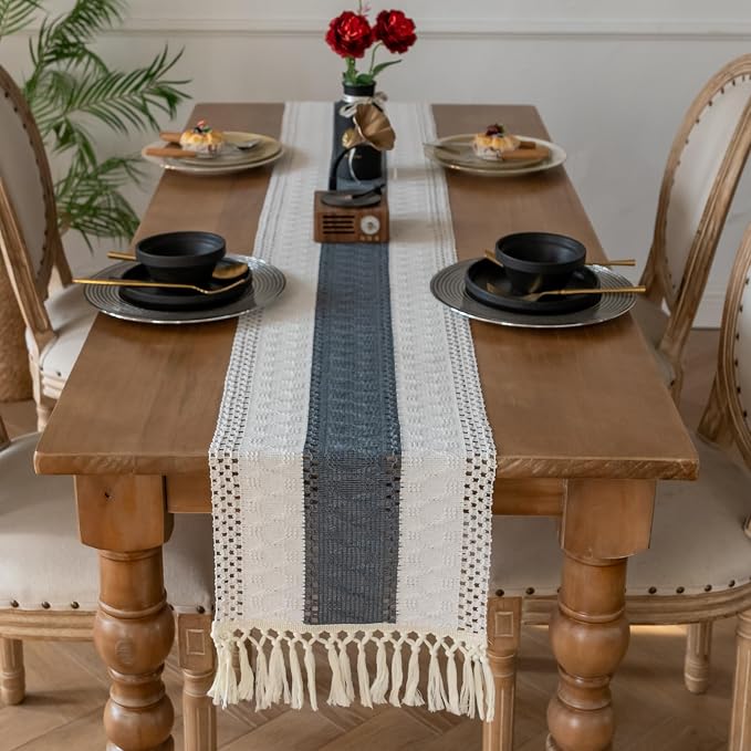 EMMTEEY Boho Table Runner with Tassels- Scratch & Heat Resistant, 72 Inches Long Table Runner Cotton Linen Macrame Handmade for Dining Table/Wedding Décor (12"X72", Stone Blue)