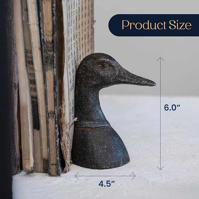 Decorative Distressed Cast Metal Duck Head Bookends - Heavy Duty Book Stopper for Shelves, Cute Novelty Book Holder - Rustic Vintage Home Office Organizer Set of 2
