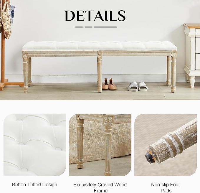 LOULENS 57.7" Linen Fabric End of Bed Bench King Size, French Upholstered Tufted Bench with Carved Wood Legs for Bedroom, Window Seat, Living Room, Entryway, White