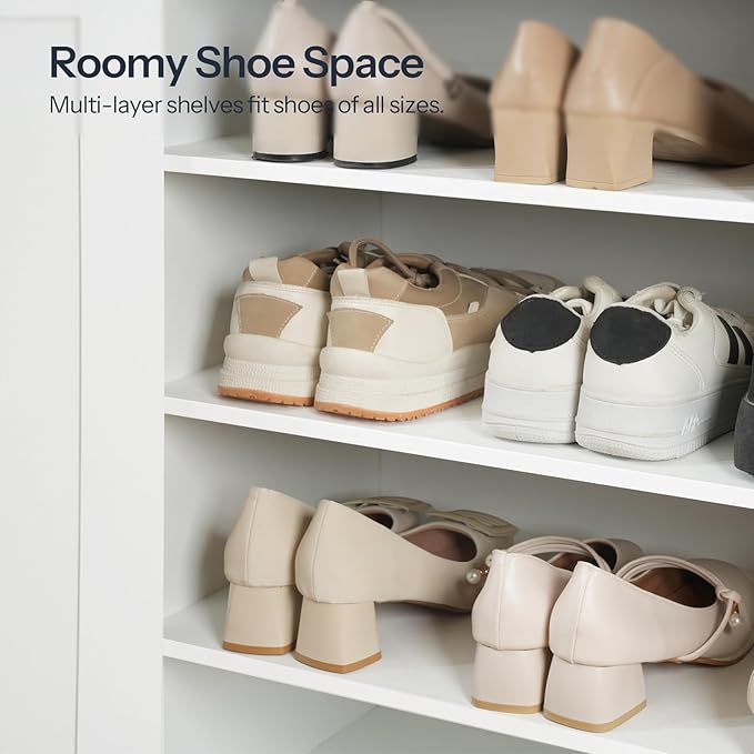 HOOBRO Shoe Cabinet Storage for Entryway, Wooden Shoe Organizer Cabinet With 3 Doors, 39.4" Freestanding Shoe Cabinet Storage for Closet, Entryway, Large Capacity, Farmhouse, White and Walnut WH20SC01