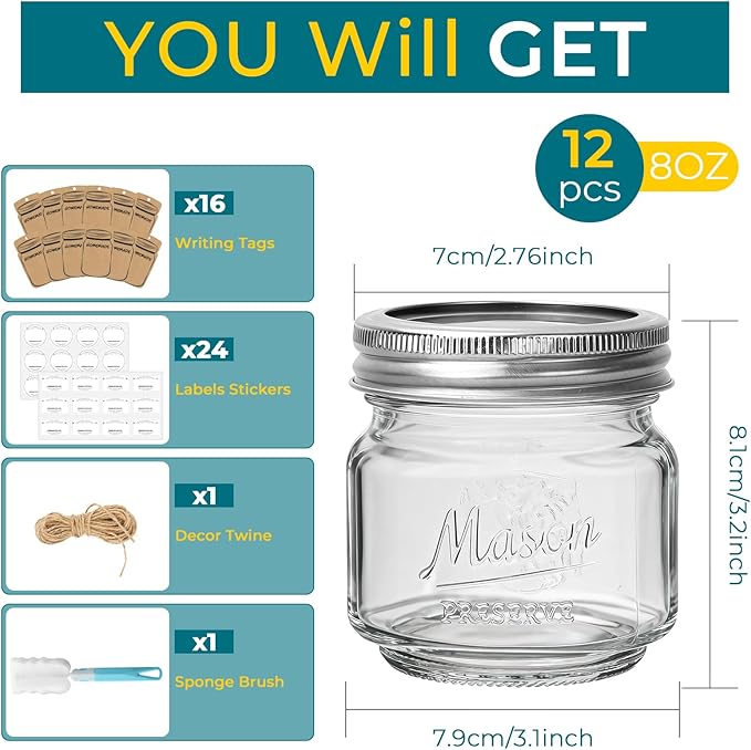 CycleMore 8oz 12 Pack Mason Jars with Silver Metal Lids, Embossed Design Canning Jars, Clear Glass Storage Jars for for Gifts, Jam, Pickling, Crafts, Wedding Favors & Home Decor