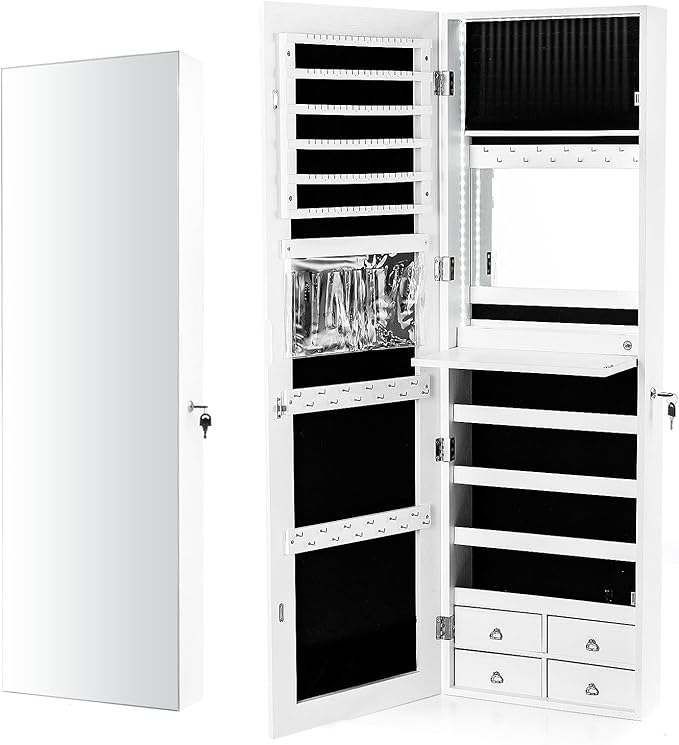 Multigot 2-In-1 Jewelry Cabinet, Wall-mounted/Door Hanging Makeup Storage Armoire with Full Length Mirror & LED Lights, Lockable Mirrored Jewelry Organizer for Bedroom Dressing Room (White)