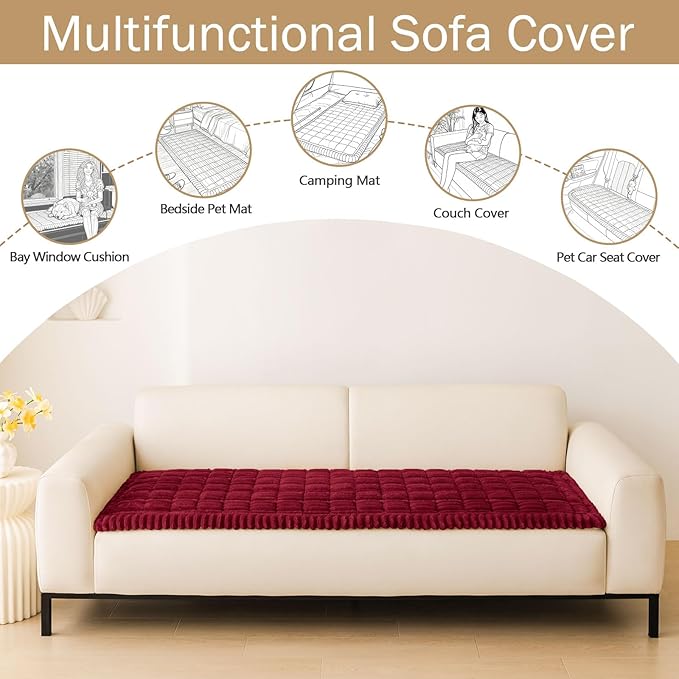 hyha Couch Cover for Dogs Washable, Non Slip Thick Flannel Sofa Protector, Pet Friendly Plush Furniture Cover for Sectional Sofa & Loveseat (Red, 27.6" x 82.7")