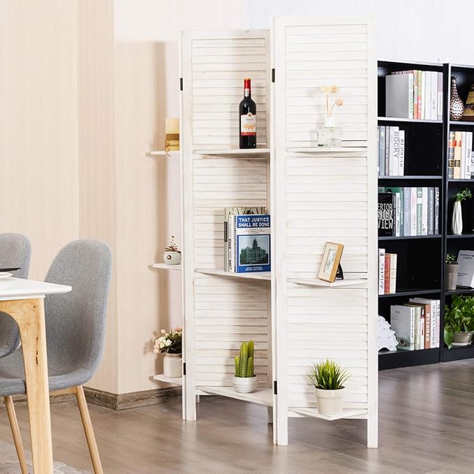 Giantex 4 Panel Room Divider with Shelve, Folding Privacy Screens, Wood Divider for Room Separation, 5.6 FT Foldable Wall Partition for Home Office Bedroom, White