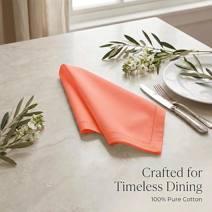 Urban Villa Cloth Napkins 100% Cotton Highly Absorbent Washable Reusable Premium Dinner Napkins Ideal for Gifts for Mothers Day Hotel Farmhouse Parties - Orange Hemstitch (20" x 20", Set of 12)