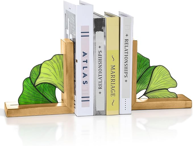 Maitys Ginkgo Leaf Bookends with Oak Wood Base Stained Glass Novelty Bookends Organizer Cute Book Ends for Shelves Desks Libraries Book Lover Gift (Green)