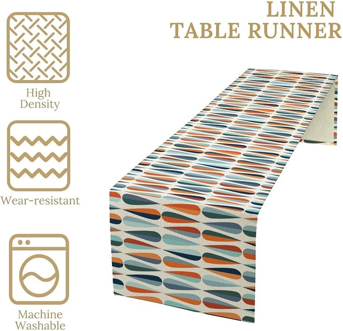 Modern Mid Century Table Runne Retro Blue Orange Grey Water Droplets Geometric Table Runner for Kitchen Dining Room Dining Table Decoration 13x36in