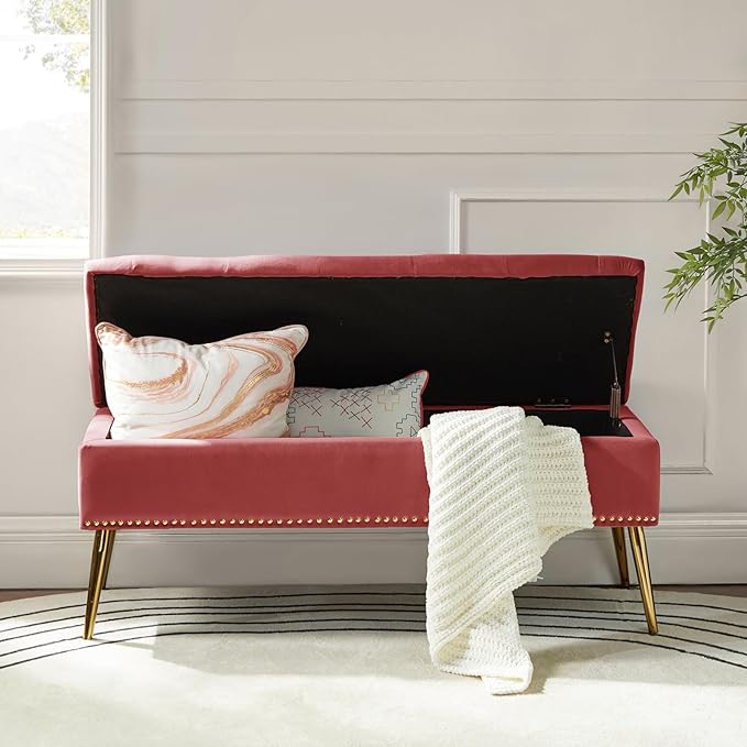 HULALA HOME Modern Velvet Storage Ottoman Bench with Gold Base & Nailhead Trim, Upholstered Bedroom Bench for End of Bed, Button-Tufted Footstool for Entryway Living Room Dining Room, Rosewood