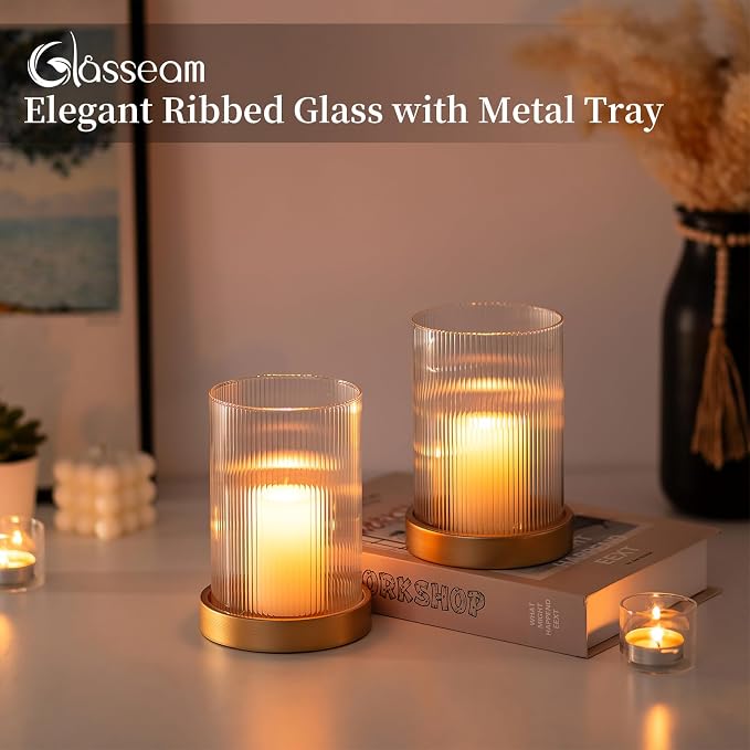 Glasseam Hurricane Glass Candle Holder: Gold Pillar Candle Holders Set of 2 Ribbed Glass Cylinder Covers with Metal Candle Tray Modern Candle Holders for Table Centerpiece Living Room Decorations