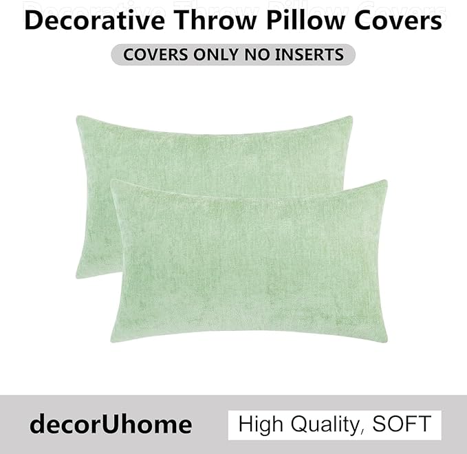 decorUhome Chenille Sage Green Summer Throw Pillow Covers 12x20 Inch Set of 2, Decorative Soft Couch Pillow Covers Solid Dyed Accent Farmhouse Neutral Rectangle Pillow Cases for Sofa
