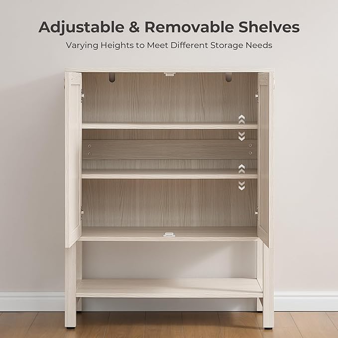 SICOTAS Shoe Cabinet with Storage - 3 Pieces Farmhouse Shoe Organizer with Rattan Doors & Shelves, 5 Tier Free Standing Shoe Rack Storage Cabinet for Entryway, Living Room, Closet (White Cream Oak)