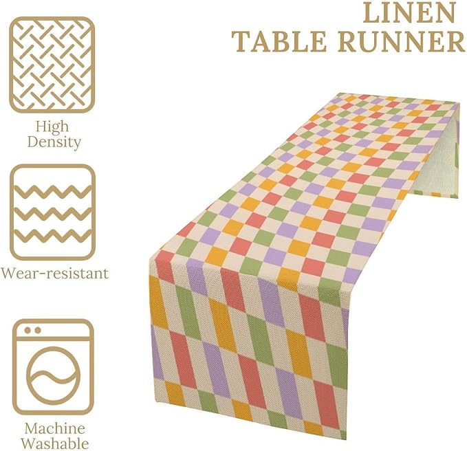 Retro Checkered Table Runner 60s 70s Vintage Twisted Colorful Groovy Trendy Wavy Hippie Grid Farmhouse Country Dinner Runner for Home Kitchen Dining Table Party Holiday Decor 13"x70"