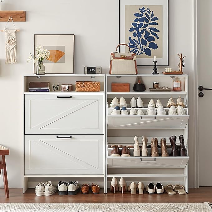 RWYHG Shoe Cabinet Storage for Entryway with 2 Flip Drawers Open Storage Layer Rack Narrow Organizer Slim Hidden Wood Shoe Cabinet Furniture White