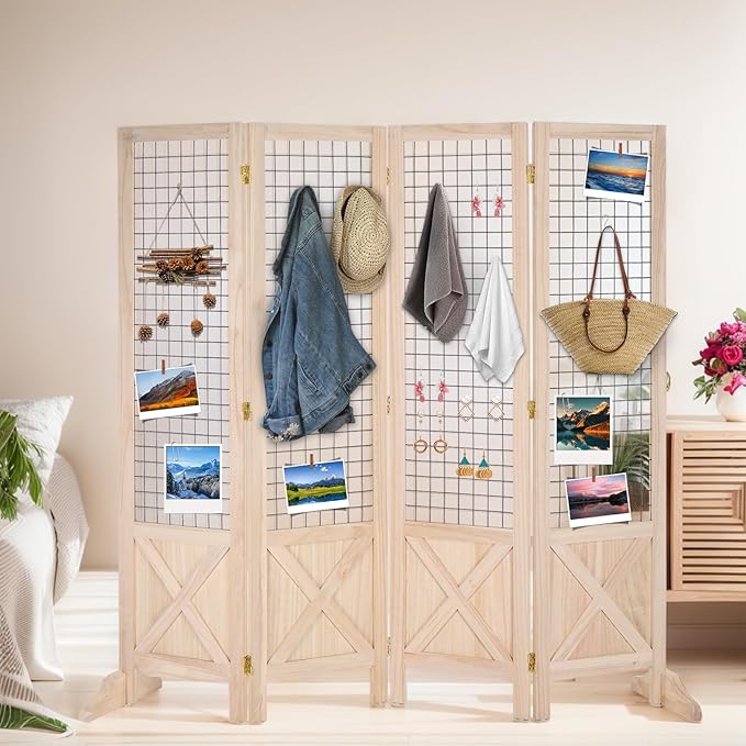 VINGLI Room Divider Freestanding Gridwall, 4 Panel Folding Display Board Organizer with Base Feet, Decorative Wooden Frame Wire Grid Screens for Craft Shows Events Retail (Natural, 5.5'×6')