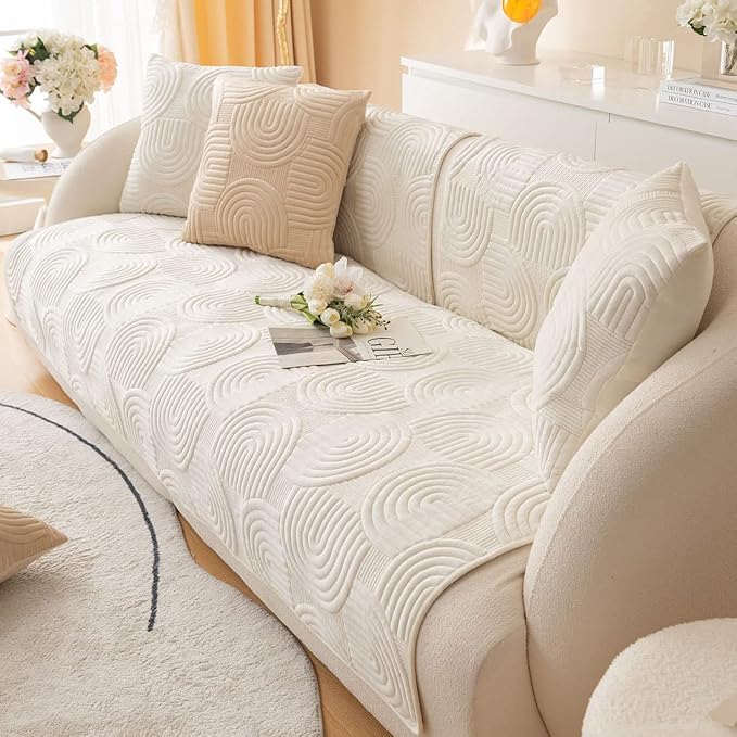 Soft Plush Geometric Quilted Couch Sofa Cover Boho Non Slip Fuzzy Sectional Couch Cover Solid Color Washable Sofa Slipcover Furniture Protector for Kids Dogs Cats (Ivory,43"x63")