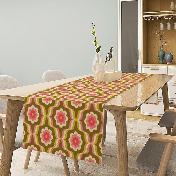 Retro Geometric Flower Table Runner Vintage Abstract Groovy Hippie Seasonal Spring Mid Century Farmhouse Country Dinner Runner for Home Kitchen Dining Table Party Holiday Decor 13"x70"