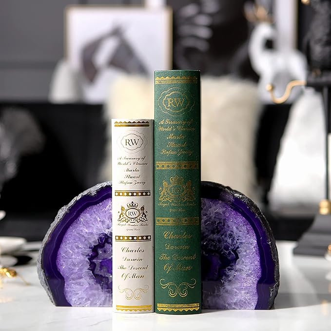 AMOYSTONE Purple Agate Bookends, Natural Crystal Gemstone Book Holders 3-4 LBS for Shelves, Stylish and Functional Bookends Gift for Women