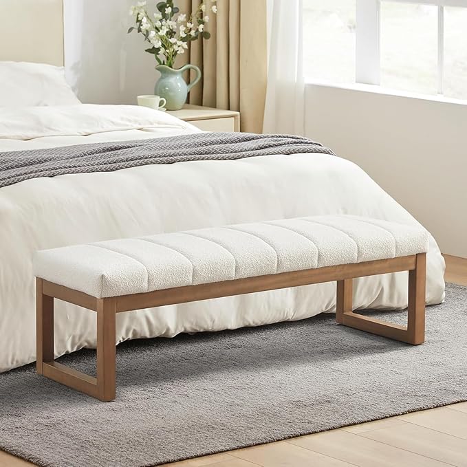 Zihanhome 52.7" Bedroom Bench for End of Bed, Modern Upholstered Teddy Fabric Entryway Bench & Dining Bench, Footrest Stool Bench with Solid Wood Frame for Bedroom, Living Room (Beige)
