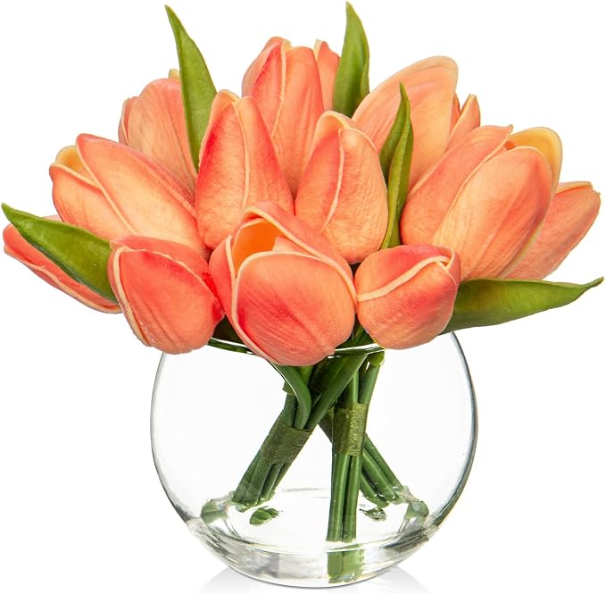 DILATATA Artificial Peach Tulips in Vase with Faux Water 6" Real Touch Flowers Fake Tulips Small Flowers Arrangement in Round Glass Vase for Mother's Day Table Centerpiece Wedding Home Decor