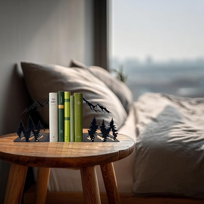 Matte Black Decorative Metal Mountain Bookends, Modern Aesthetic Decor for Home Office, Library or Studio Shelves, Unique Gift for Book Lovers
