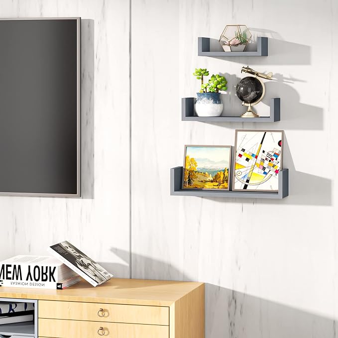 SRIWATANA Floating Shelves Wall Mounted, Solid Wood Wall Shelves, Weathered Gray…