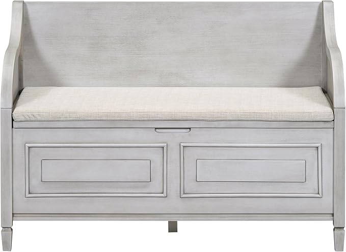 Bellemave Storage Bench with Safety Hinge Wooden Entryway Benches with Shoe Cabinets Under Seat Multifunctional Storage Bench for Entryway, Foyer or a Mudroom (Grey Wash + Beige)