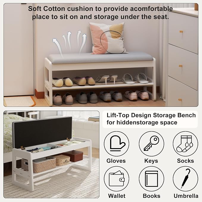 AQIMUELE Shoe Rack Bench,2 Tiers Shoe Bench with Storage with Flip-Top,Wood Shoe Rack for Entryway,Hallway（White Upholstered Seat,11.8" D x 23.62" W x 15.7" H）