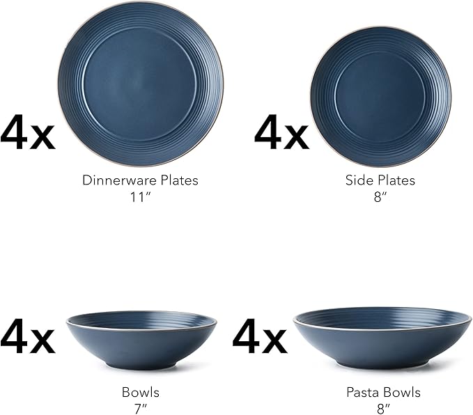 Arora RINGAR Round Stoneware 16pc Double Bowl Dinnerware Set for 4, Dinner Plates, Side Plates, Cereal Bowls, Pasta Bowls - Speckle Matte Blue (420796)
