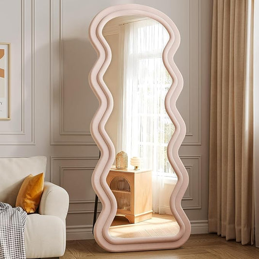 Wavy Full Length Mirror, 63"x24" Flannel Mirrors Full Length with Stand, Full Boby Mirrors for Bedroom, Living Room, Cloakroom, Hanging Leaning Wall Mirror, Pink
