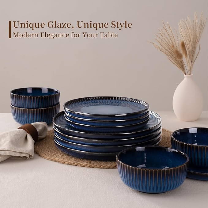 Famiware Starlight 12-Piece Plates and Bowls Sets for 4, Stoneware Dinnerware with Ribbed Textured, Handcrafted Reactive Glaze Dishes - Dishwasher & Microwave Safe, Chip/Scratch Resistant, Starry Blue